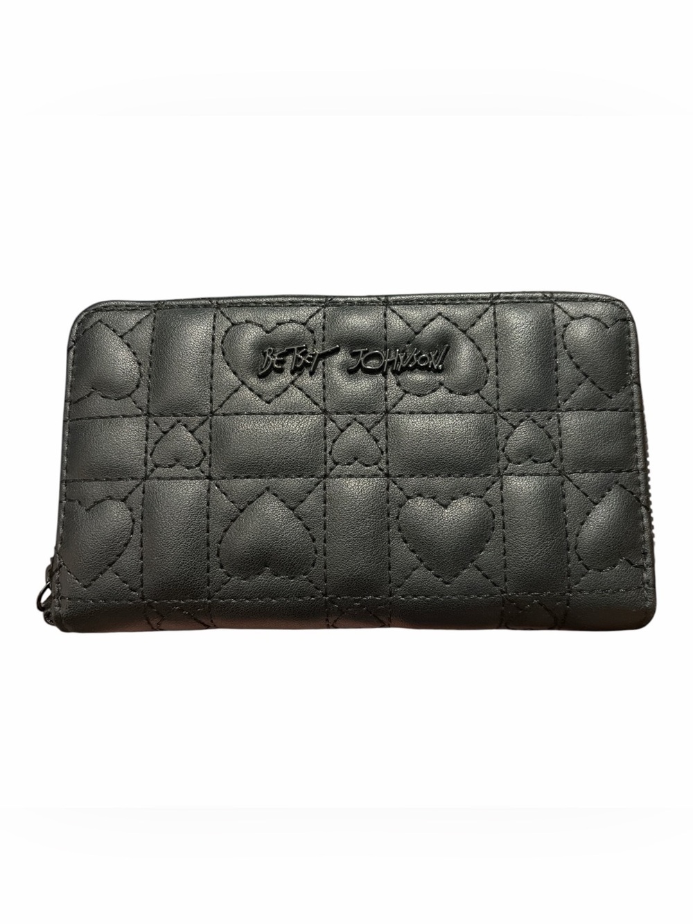 Betsey Johnson Black Quilted Heart Zip-Around Wallet